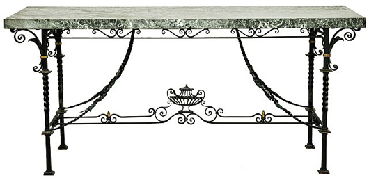 Wrought metal and marble-top table, 20th century, previously owned by Mellon Bank. Estimate: k$2,000-$4,000. Image courtesy of Gray’s Auctioneers.